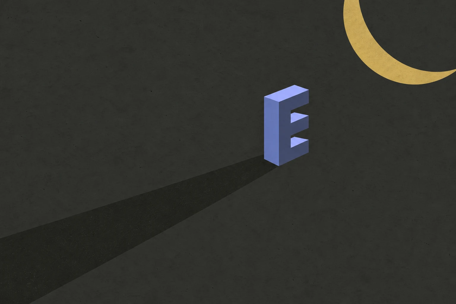 A cobalt E sculpture casting one long shadow under the light.