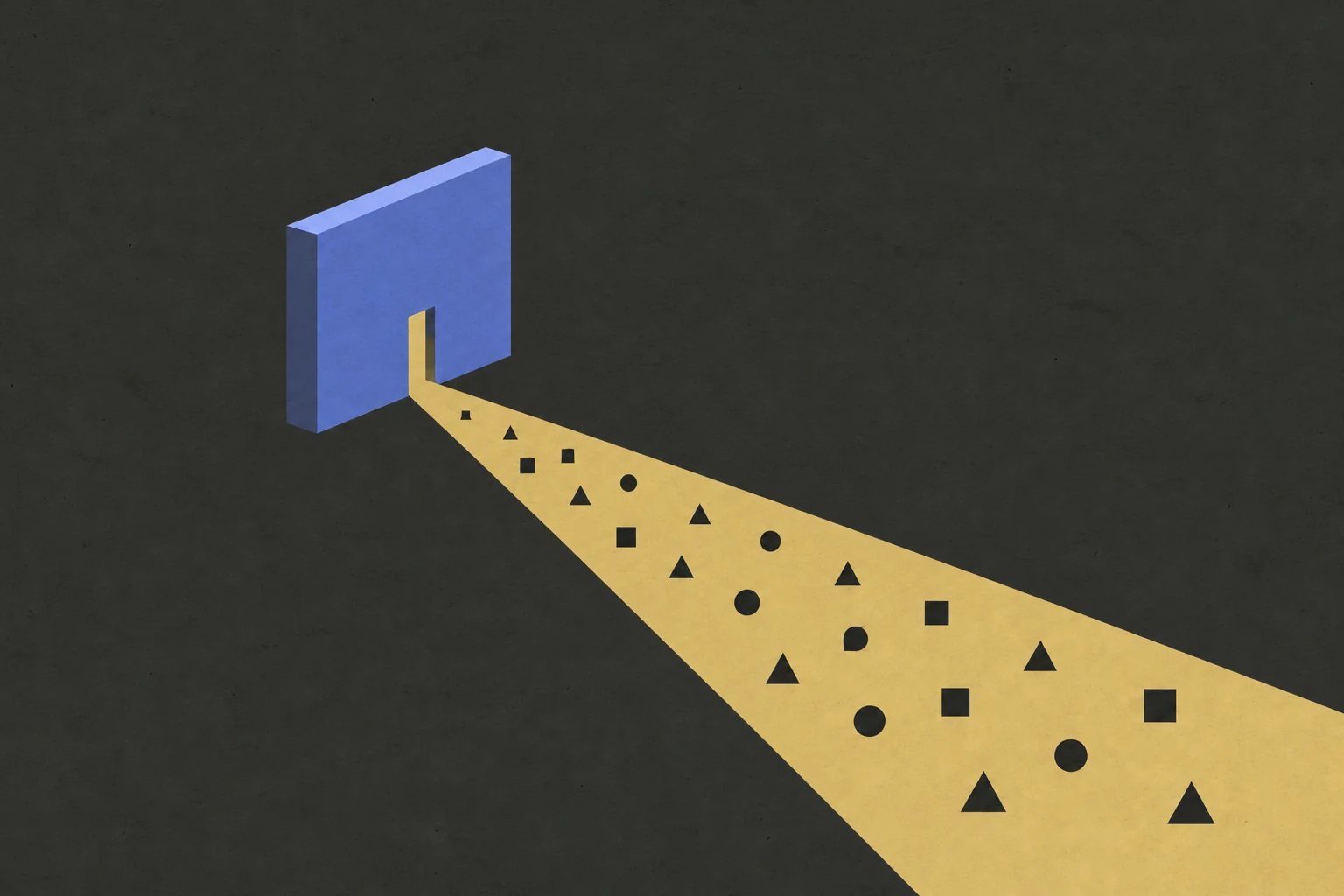 A cobalt wall with a narrow opening. A widening field of ochre light reveals small ink circles, squares and triangles.