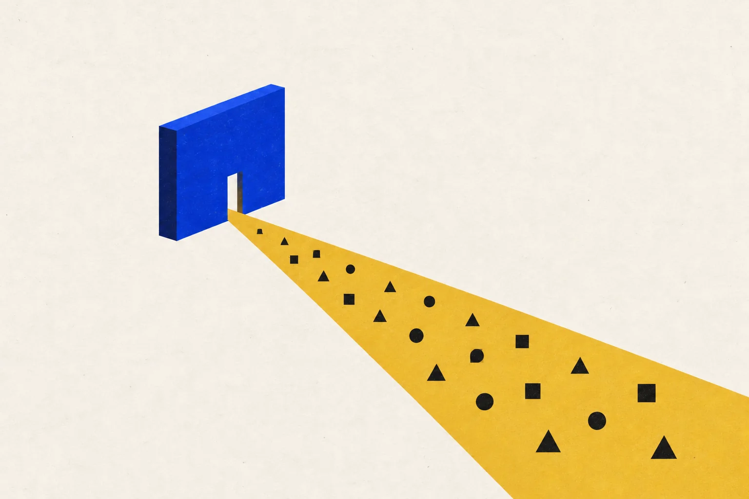 A cobalt wall with a narrow opening. A widening field of ochre light reveals small ink circles, squares and triangles.