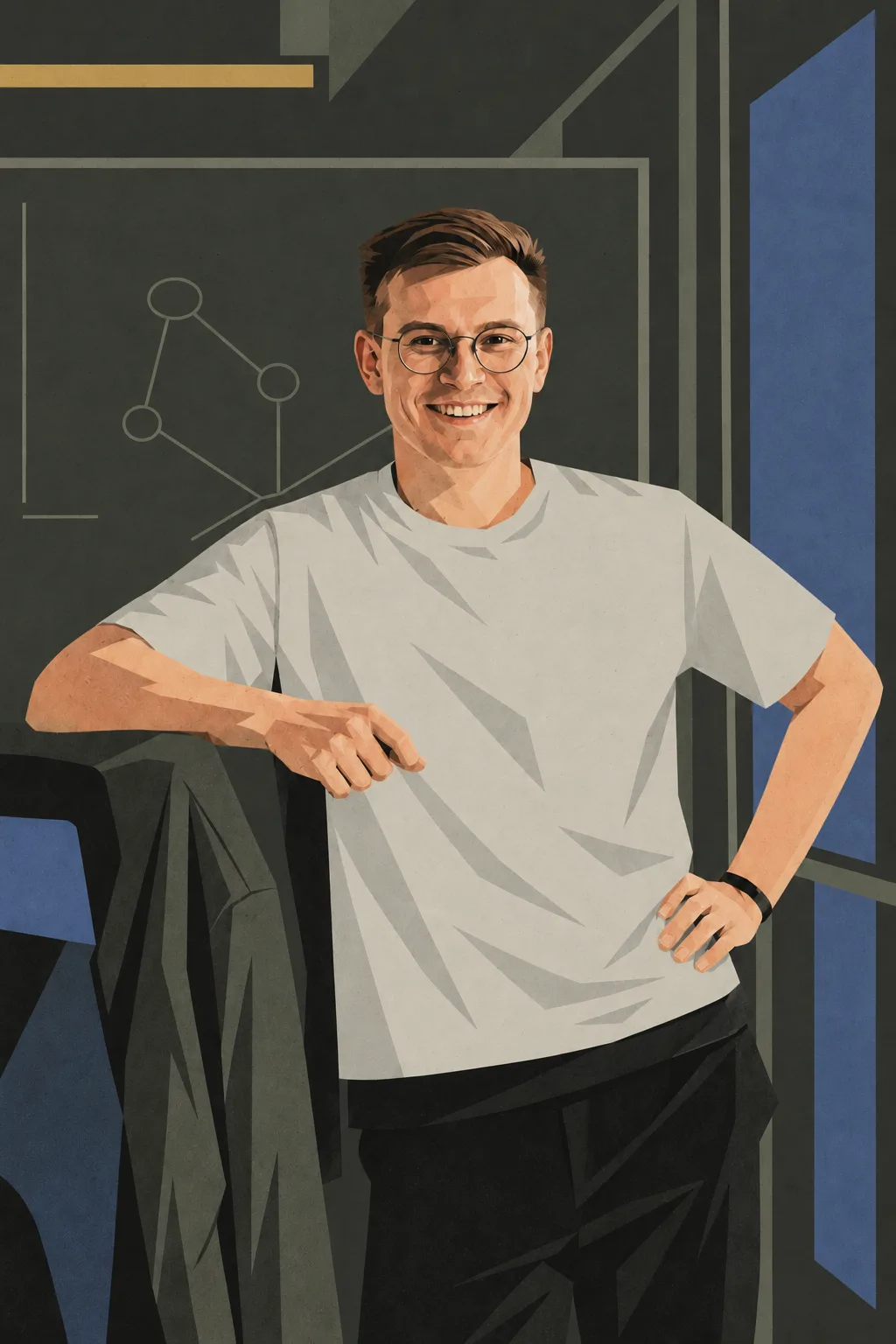 Illustrated portrait of Yuriy Babyak in a white T-shirt, leaning on a chair in front of a diagram, with cobalt and ochre geometric shapes.