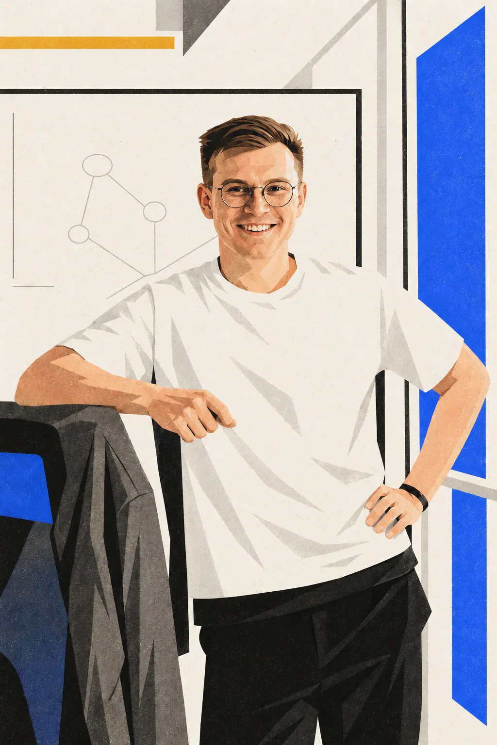 Illustrated portrait of Yuriy Babyak in a white T-shirt, leaning on a chair in front of a diagram, with cobalt and ochre geometric shapes.